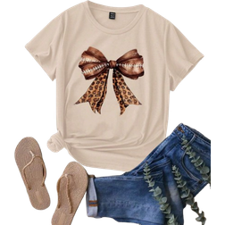 Shein Womens Summer Fall Casual Leopard Print Bow Tie Decor TShirt