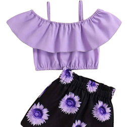Shein Young Girl Ruffle Trim Cold Shoulder Crop Top With Sunflower Pattern Shorts Set For Summer