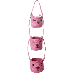 Rice Raffia 3-Tier Hanging Storage with Animal Faces Pink