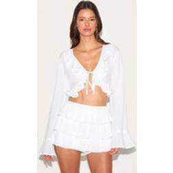 PrettyLittleThing Cheesecloth Ruffle Tie Front Long Sleeve Top - White