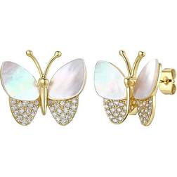 Rachel Glauber Rg 14k Gold Plated with Mother of Pearl & Diamond Cubic Zirconia Butterfly Stud Earrings