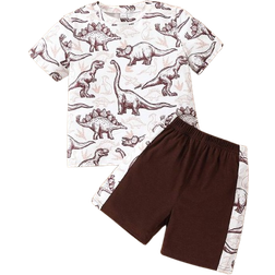 Shein pcs Young Boy Casual Dinosaur Print Round Neck Short Sleeve TShirt And Patchwork Shorts Set Summer Suitable For Sports Leisure Daily Wear Travel And