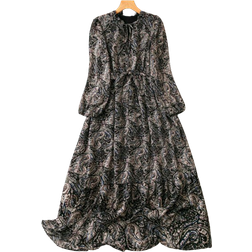 Shein Plus Vintage Print Casual Vacation Style Dress With Belt, Long Sleeves, And Lace-Up Front