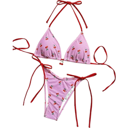 Shein Frauen Sommer Strand Kirsche bedrucktes Halter Neck Tie Sexy Bikini Set