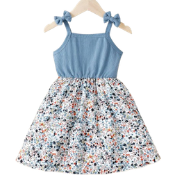 Shein Young Girl Butterfly Bow Tie Shoulder Splicing Flower Pattern Suspender Dress Party Kids Girls Summer Clothes