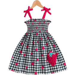 Shein Young Girl Summer Fashion Plaid Sling Dress With Cute Strawberry Print Embroidery Accent