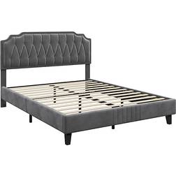 Yaheetech Dark Grey 5 Ft King Upholstered Bed Frame With Button-Tufted Adjustable Headboard And Wooden Slat Support - One Size 155 x 200cm