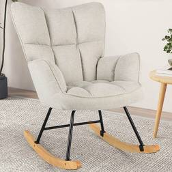 Costway Beige Linen High Backrest Nursery Rocking Chair 74 x 72 x 38 cm