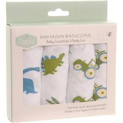 Ziggle Baby Cotton Muslin Washcloths 4 Pack Blue Dinosaurs & Tractor