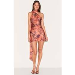 PrettyLittleThing Floral Printed Satin Scarf Detail Bodycon Dress - Orange