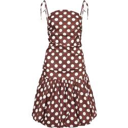 Amy Lynn Alexa Tie Shoulder Puffball Ultra Mini Dress - Brown Polka Dot-Red