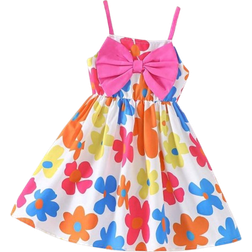 Shein Young Girl Summer Sweet And Cute Flower Print Spaghetti Strap Dress With Big Bowknot And Holiday Style