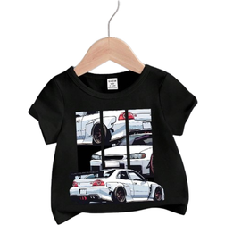 Shein Baby Boys Casual Simple Cartoon Car Printed Short Sleeve Top Suitable For Summer