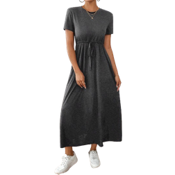 Shein Womens Solid Color Crew Neck Twist Pocket Casual Short Sleeve Dress