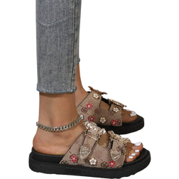 Shein New Arrival Women Fashionable And Comfortable Wedge Heel Platform Sandals With Double Straps, Gold Bat Buckle And Flower Design Buckle, Round Toe, Ope