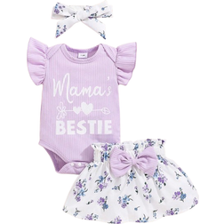 Shein New Arrival Baby Girl Solid Color Letter Printed Flutter Sleeve Bodysuit Flower Printed Skirt Outfit