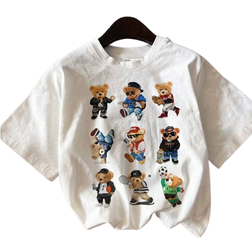 Shein Young Boy Casual Simple Cartoon Bear Pattern Short Sleeve Round Neck TShirt Suitable For Summer