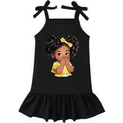 Shein Baby Girl Cute Cartoon Curly Hair Girl Pattern Printed Spaghetti Strap Dress For Summer