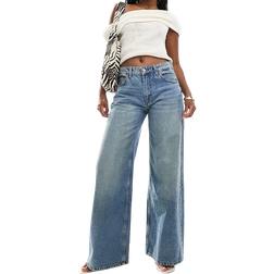 Bershka High Waisted Wide Leg Jeans - Mid Blue Wash