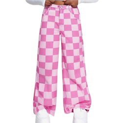 Shein Tween Girls Fashion Plaid Print Jeans - Washed Denim