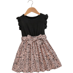 Shein Young Girls' Fashionable Leopard Print Short Sleeves Dress With Bow Decorated Round Neck, Summer