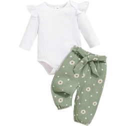 Shein Autumn And Winter New Baby White Ruffle Long Sleeve Daisy Floral Trousers TwoPiece Set Of Baby Girl Clothes