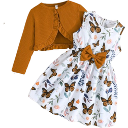 Shein Girls Ruffle Decor Outfit Set - Butterfly Print