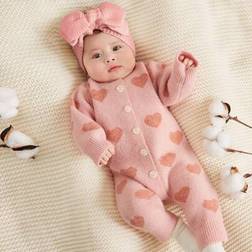 Shein Newborn Baby Girls Cute Heart Pattern Long Sleeve Jumpsuit - Pink