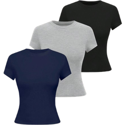 Shein Women's Round Neck Short Sleeve Solid Color Casual Simple Fitted Blouse