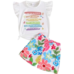 Shein Young Girl's Short Sleeve Top With Letter Print & Ruffle Trim And Floral Printed Shorts