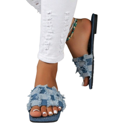 Shein Womens Light Blue Square Toe Plaid Fabric Slippers Summer Fashionable Casual Flat Sandals With Strap Suitable For Outdoor Wear