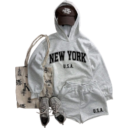 Shein pcs Vintage USA New York Graphic Print Casual Loose Fit Hoodie And Shorts Set Suitable For Autumn And Winter