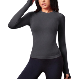 Shein Womens Solid Color Round Neck Raglan Sleeve Long Sleeve Sports TShirt With Seamless Thumbs Hole