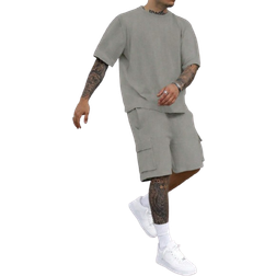 Shein Mens Summer Solid Color Round Neck Short Sleeve Casual TShirt And Drawstring Waist Utility Shorts Set