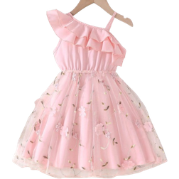 Shein Summer Girls Solid Color Ruffle Trim Embroidered Mesh Sundress