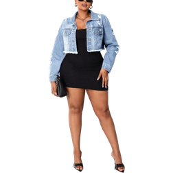 Shein Plus Front Button Frayed Trim Long Sleeve Ripped Denim Jacket