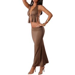 Shein High Slit Hem Halter Neck Crop Top Set - Solid Color