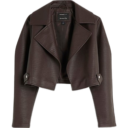 River Island Faux Leather Crop Jacket with Balloon Sleeves - Dark Brown