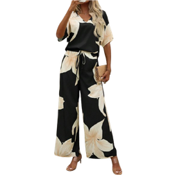 Shein Womens Holiday Casual Floral Printed Batwing Sleeve Shirt And Long Pants TwoPiece Set