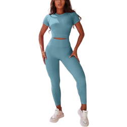 Shein Womens Solid Color Crew Neck Short Sleeve TShirt And Leggings High Stretch Seamless Sportswear Set