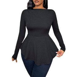 Shein SXY Solid Black Off Shoulder Ruffle Hem Slim Fit Long Sleeve Women TShirt