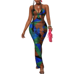 Shein Elegant Frgblock Tryckt rmls Bodycon Klnning Med Ihlig Midja Och Sidan Slits