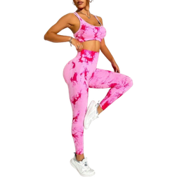 Shein Womens Seamless High Stretch Tie Dye Sports Set Random Print Crisscross Back Tank Top And Skinny Casual Yoga Pants