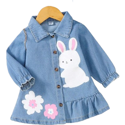 Shein Infant Girls Casual Versatile Washed Blue Denim Dress With Cartoon Graphic Printed Hem Ruffles Autumn Winter New Arrival