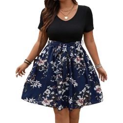 Shein Plus Vacation Casual ColorBlock Floral Print Short Sleeve Dress