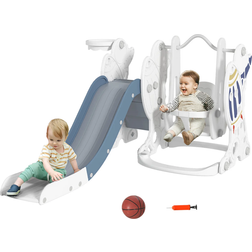 Aiyaplay Space-Themed Slide and Swing Set for Kids w/ Basketball Hoop, Blue