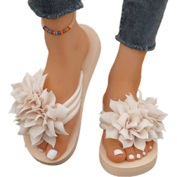 Shein Fashion Womens Double Flower Flip Flops Korean Style Floral Fabric Strap Solid Color Flat Slippers Casual Beach Slide Sandals