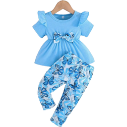 Shein Baby Girl Summer Short Sleeve Top With Ruffle Trim Round Neck Bowknot Detail And Butterfly Print Casual Pants Set