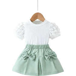 Shein Young Girl Summer Puff Sleeve Short Sleeve TShirt Bowknot Skirt Outfit