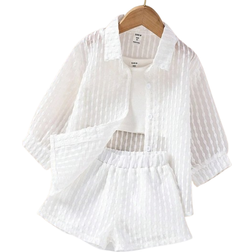Shein Toddler Girls Solid Cami Top & Shorts & Button Up Shirt
